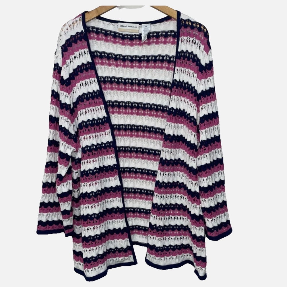 Alfred Dunner Cardigan Sweater 2X Open Front & Weave Navy,Ivory, Pink